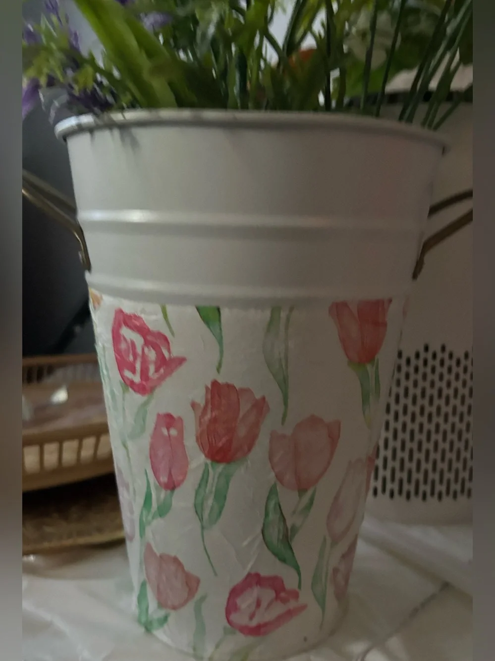 Floral Tulip covered Metal Vase - Home Accents 8.5”
